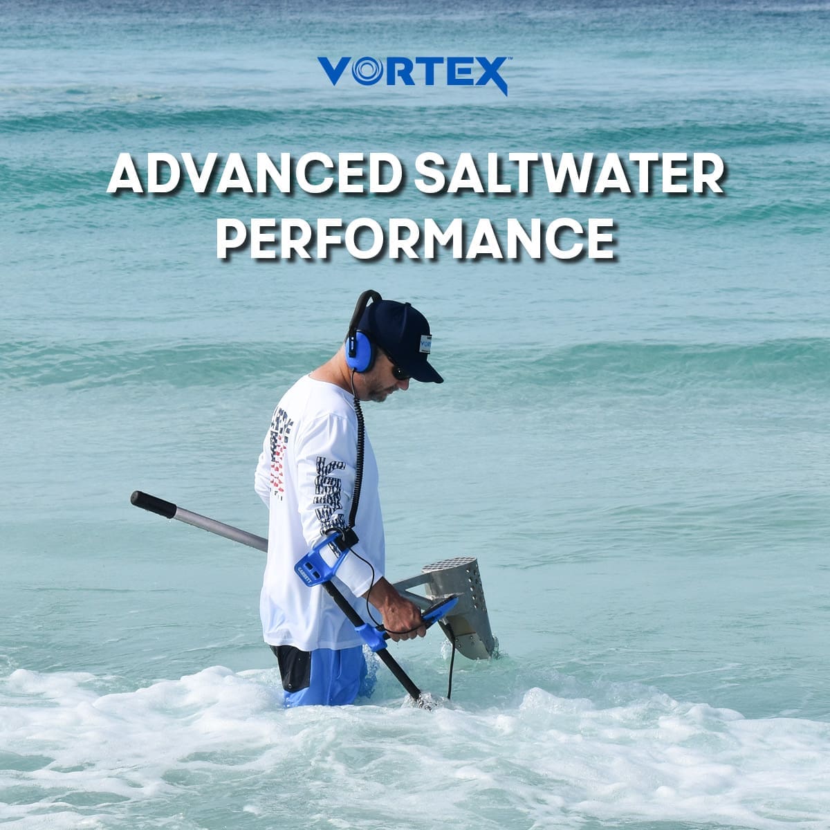 Detectorist wading in ocean surf with a Garrett Vortex VX7 mounted on a sand scoop, Advanced Saltwater Performance graphic