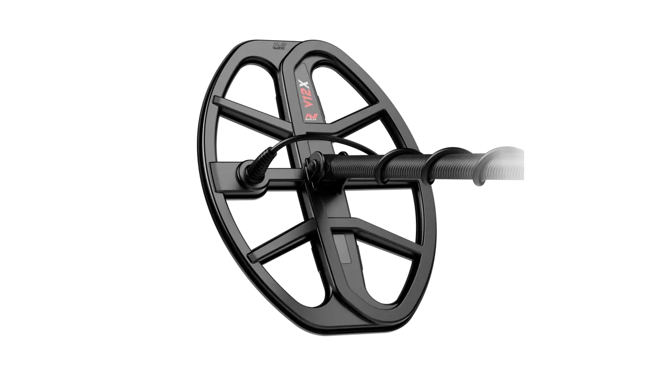 Close-up of the Minelab V12X 12 x 9 inch Double-D search coil included with the X-Terra Elite