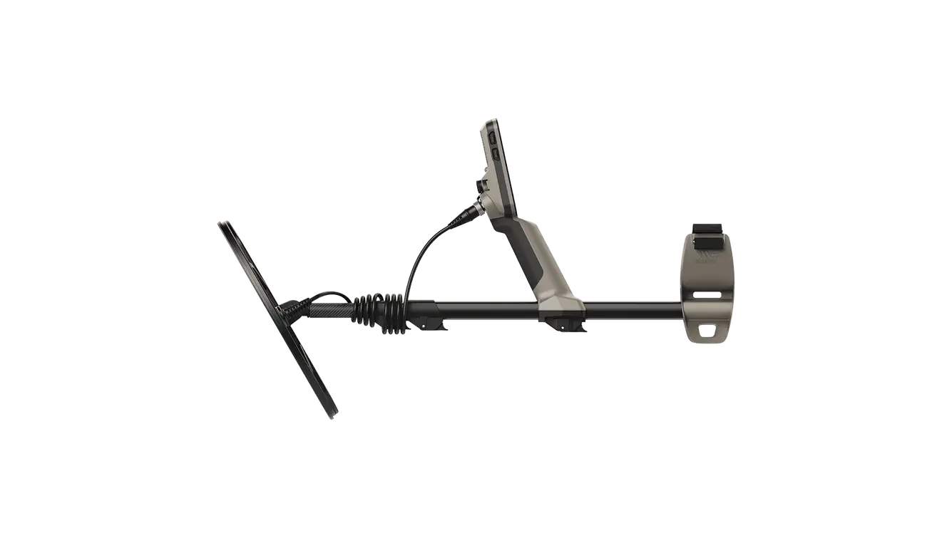 Minelab X-Terra Elite metal detector shown collapsed, side profile view, with shaft folded down for storage or travel