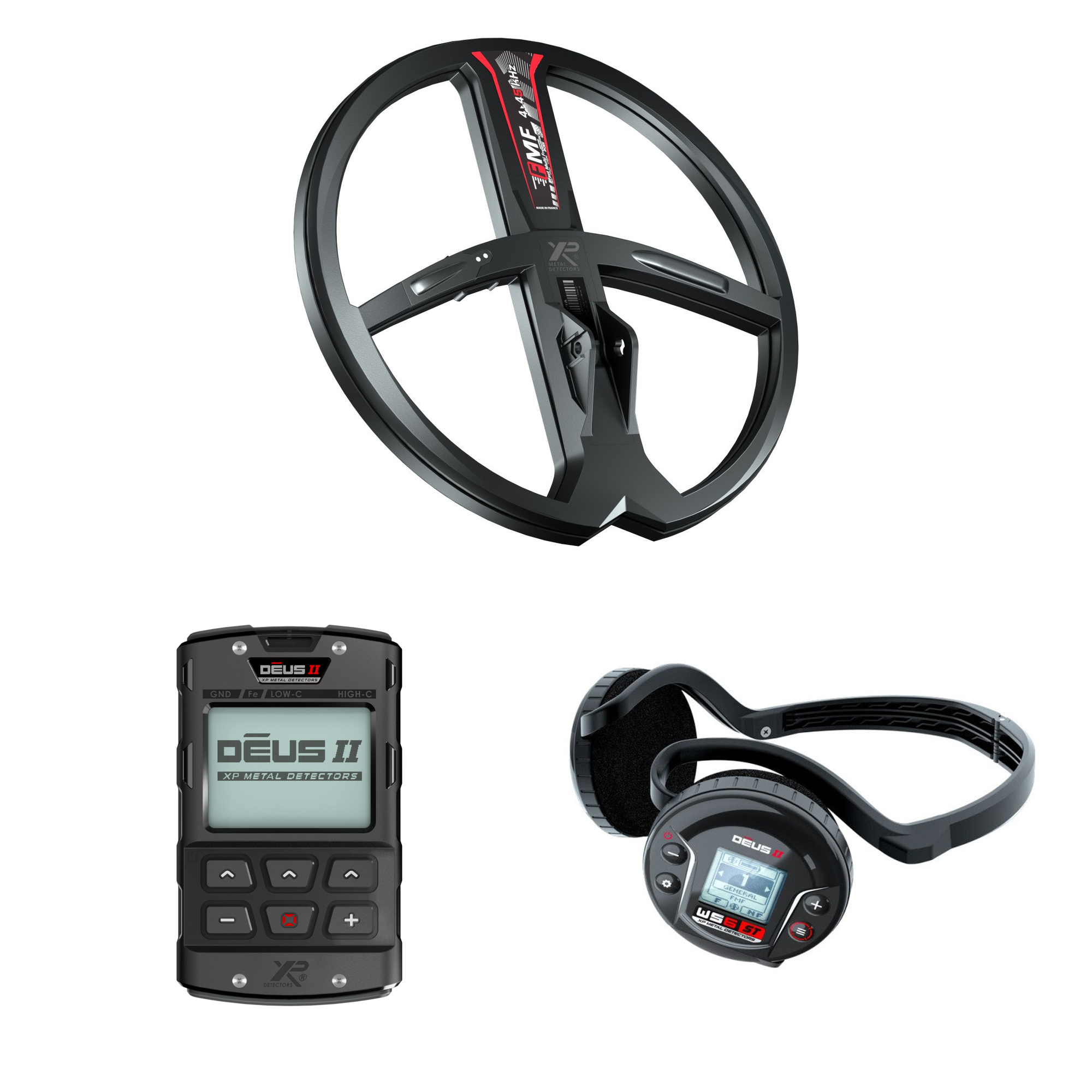 XP DEUS II 11 in WS6 ST package contents: 11 in FMF search coil, RC remote and WS6 ST wireless stereo headphones