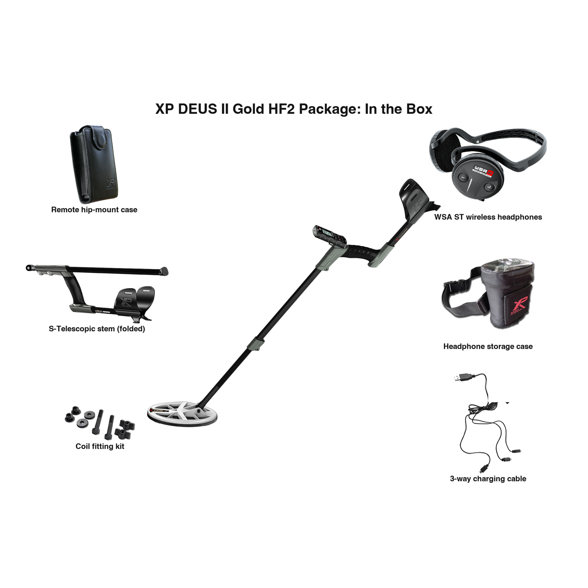 Labeled contents of the XP DEUS II Gold HF2 package with part names: assembled detector, WSA ST headphones, S-Telescopic stem, hip-mount case, headphone case, charging cable, coil fitting kit