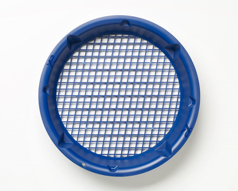 Top down view of the XP Gold Classifier #10 showing the coarse 10 mm blue mesh across the full 37 cm (15 in) sieving area