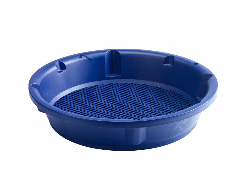 XP Gold Classifier #5, a 37 cm (15 in) blue sieve with a fine 5 mm mesh and stacking lugs around the rim