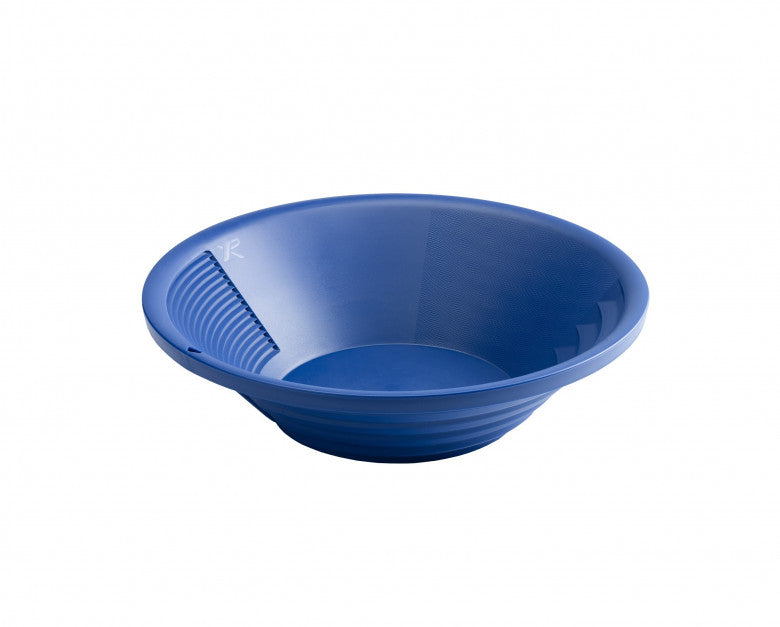 XP 27 cm (11 in) blue gold finishing pan at three quarter angle showing the mini riffles and the snake skin texture that traps fine gold