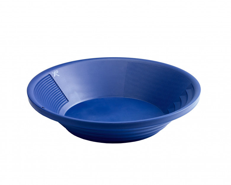 XP 37 cm (15 in) blue gold pan at three quarter angle showing the depth of the large 90 degree riffles