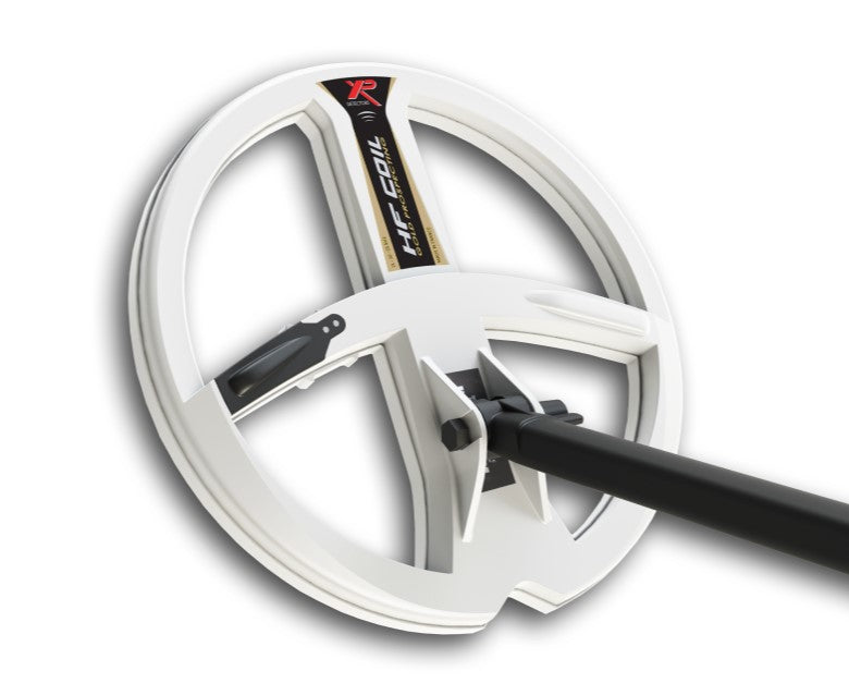 XP HF 9 inch coil mounted on the black lower stem that houses its battery