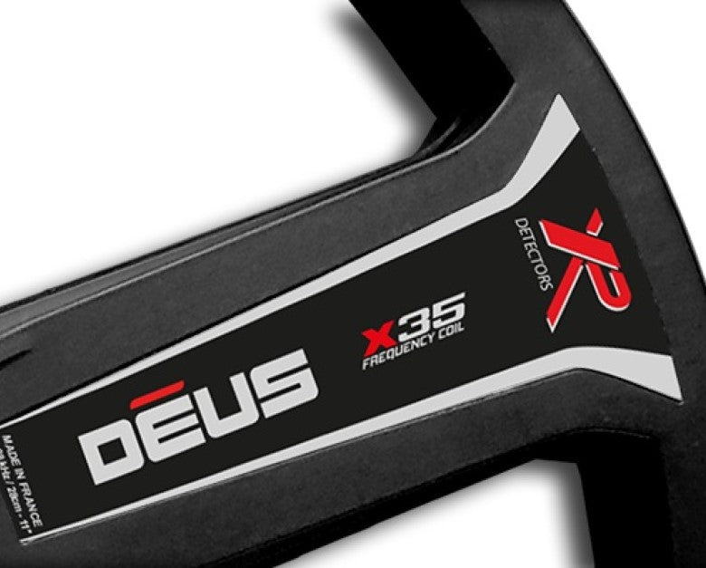 Close-up of the DEUS X35 28 cm 11 inch decal on the XP X35 coil crossbar