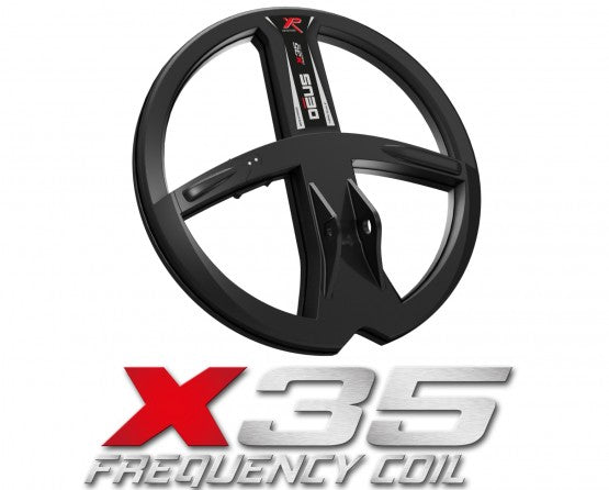 XP X35 9 inch coil above the X35 Frequency Coil wordmark, official XP graphic