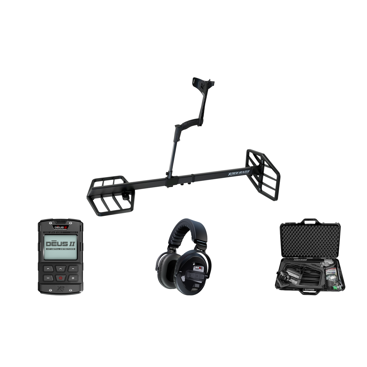 XP Xtrem Hunter complete kit contents: two-box frame with front and back coils on the XTR stem, DEUS II remote control, WSA II-XL wireless headphones, and XP carrying case XTR-CASE115