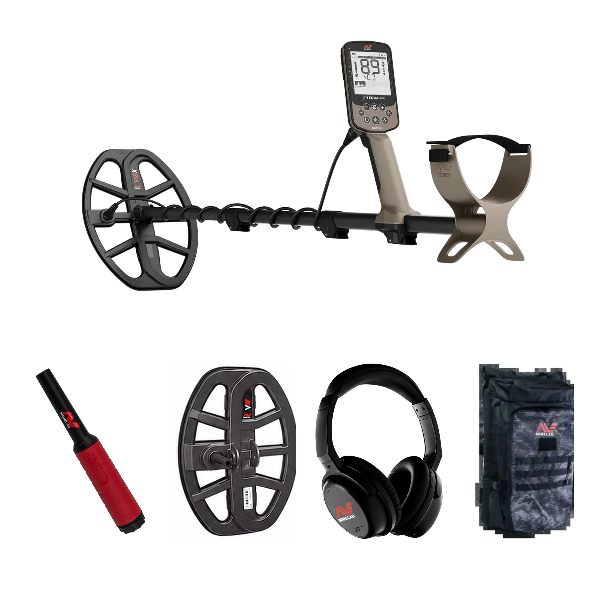 Minelab X-Terra Elite Expedition Bundle 3707-1014 contents: X-Terra Elite with V12X coil, Pro-Find 40 pinpointer, V8X second coil, ML 85 wireless headphones and Minelab backpack