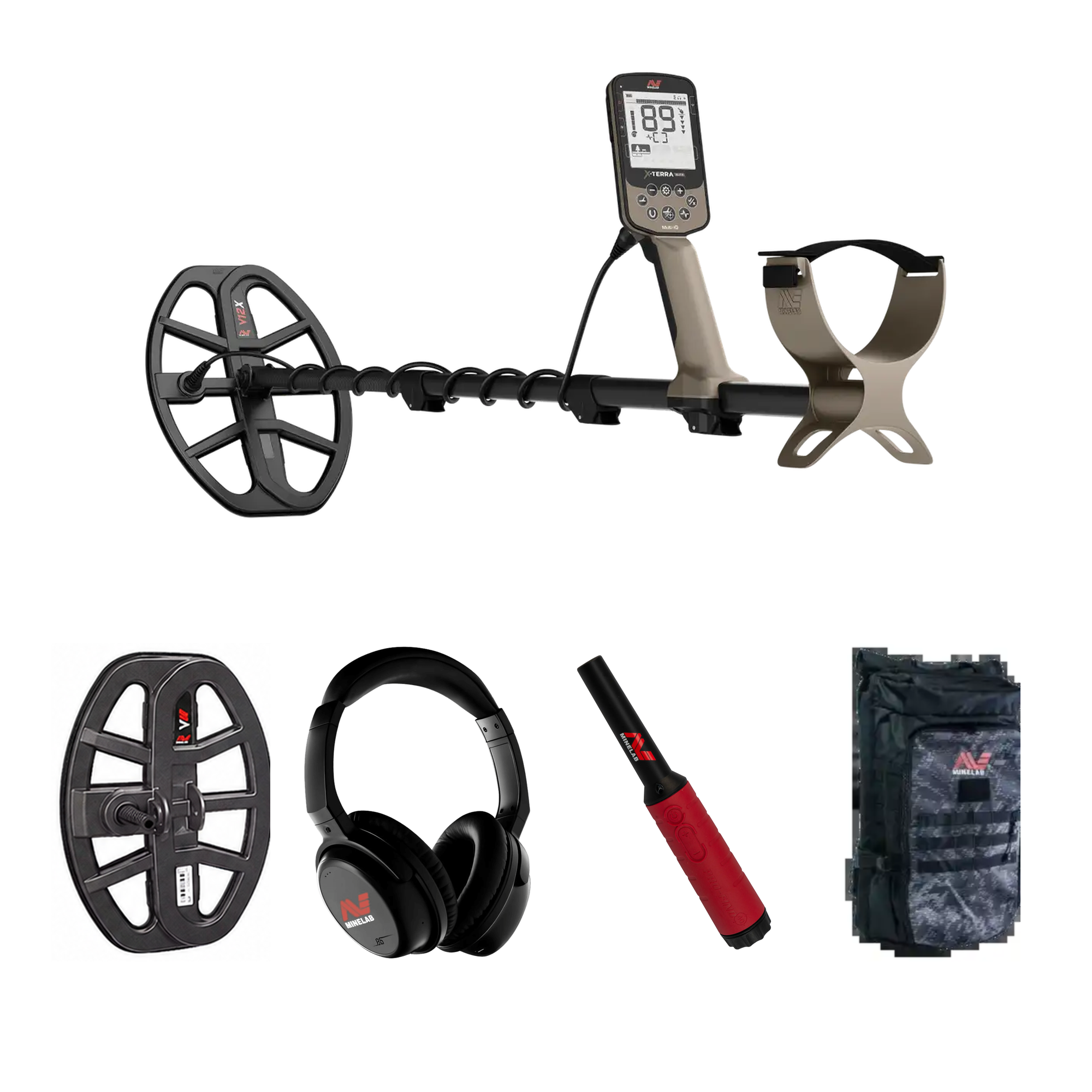 Minelab X-Terra Elite Expedition Bundle 3707-1016 contents: X-Terra Elite with V12X coil, V8X second coil, ML 85 wireless headphones, Pro-Find 40 pinpointer and Minelab backpack, plus Adventure Pack digger, finds pouch and gloves