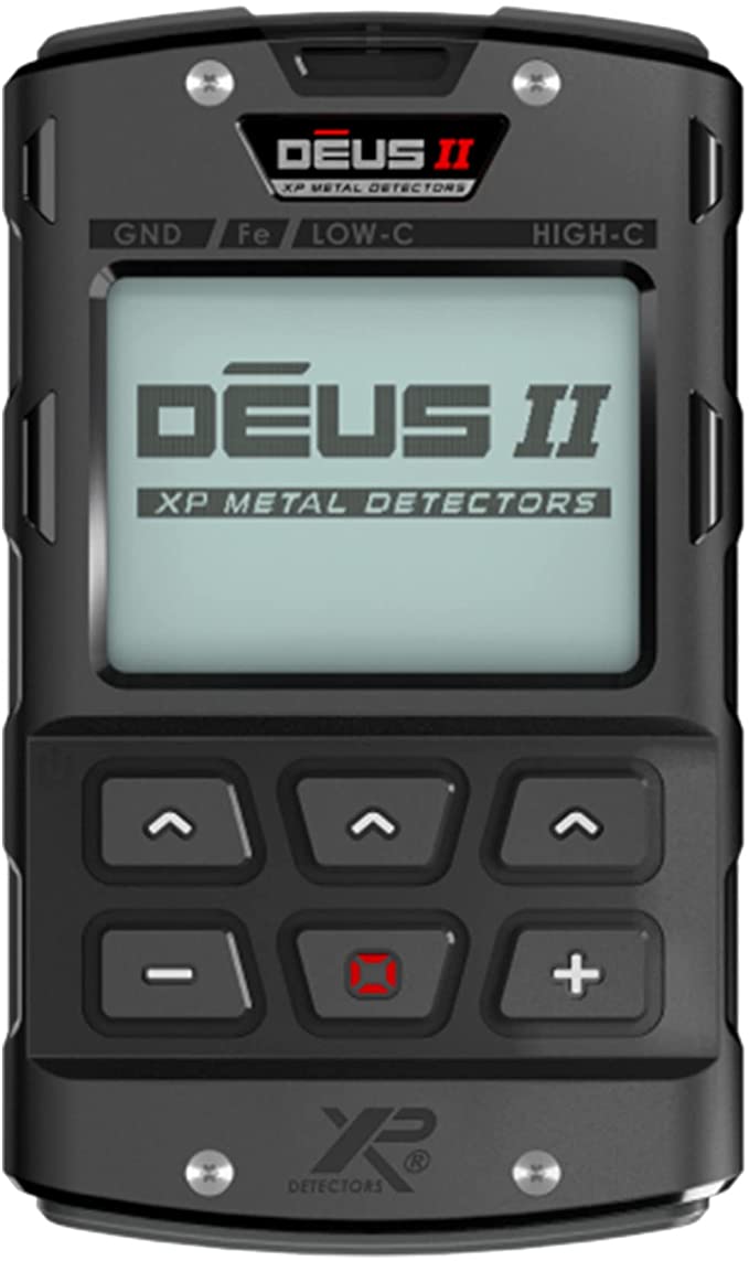 XP DEUS II remote control close-up showing DEUS II display screen