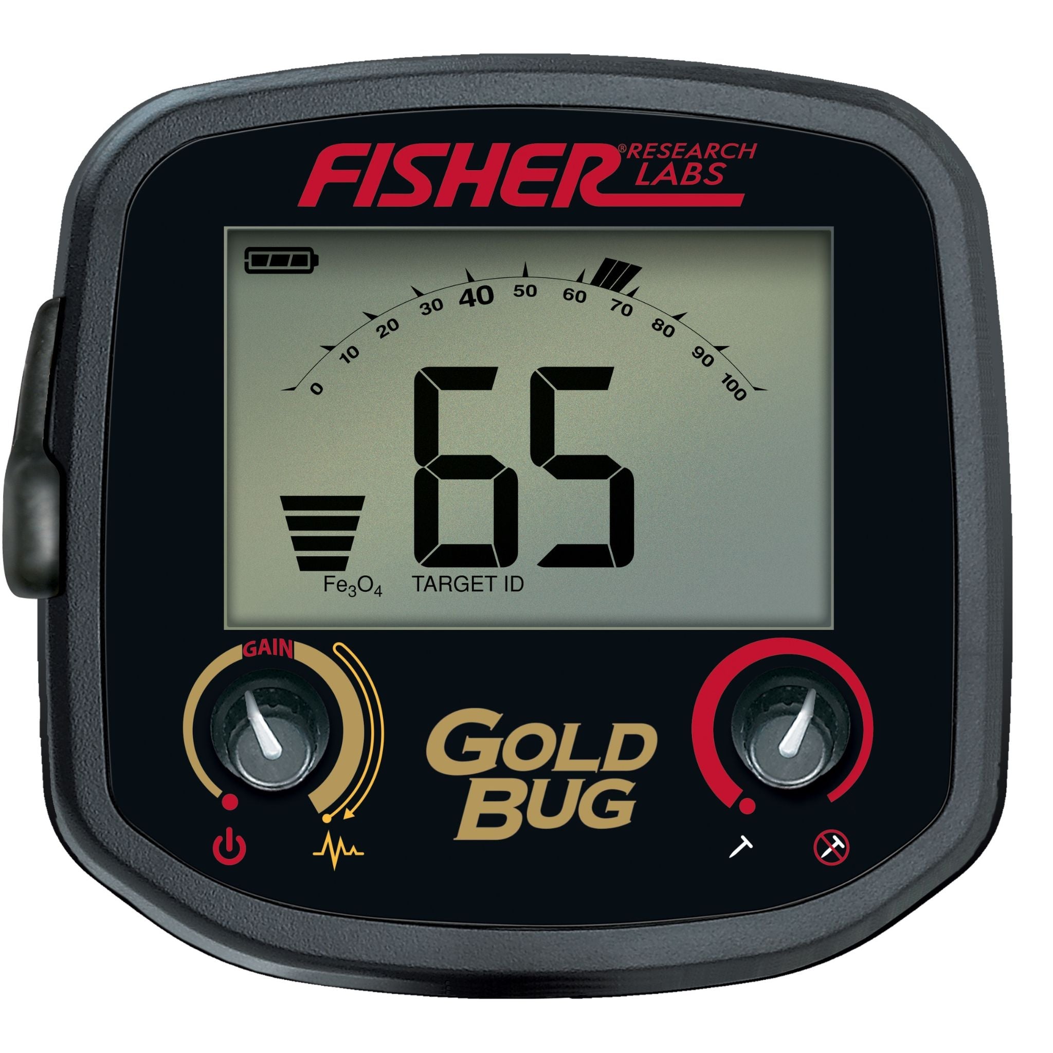 Fisher Gold Bug Tracker control panel showing numeric Target ID, Fe3O4 bar, GAIN knob and iron discrimination knob