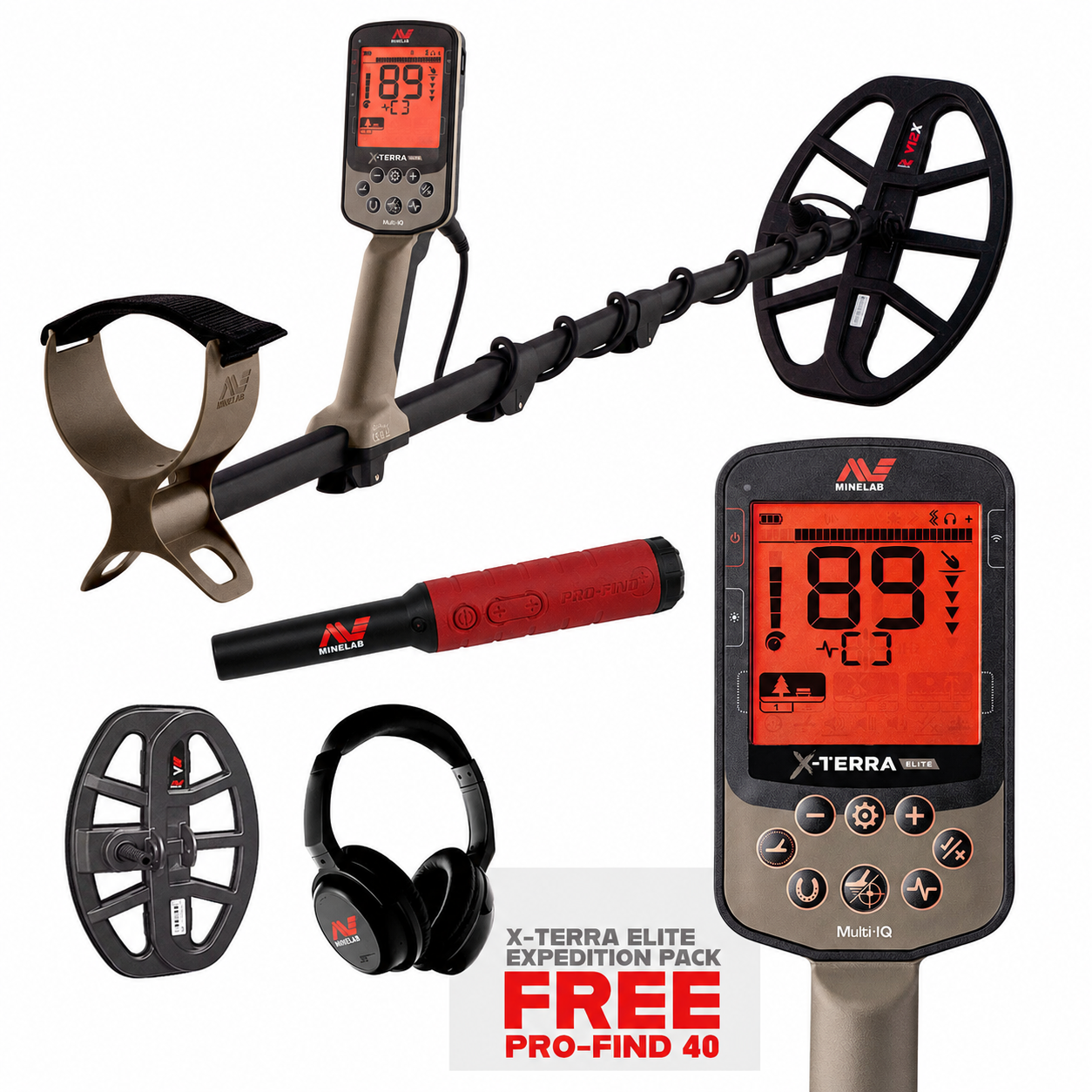 Minelab X-Terra Elite Expedition Pack contents: detector with V12X coil, control pod close-up, Pro-Find 40 pinpointer, V8X coil, and ML-85 wireless headphones, with a Free Pro-Find 40 promotion banner