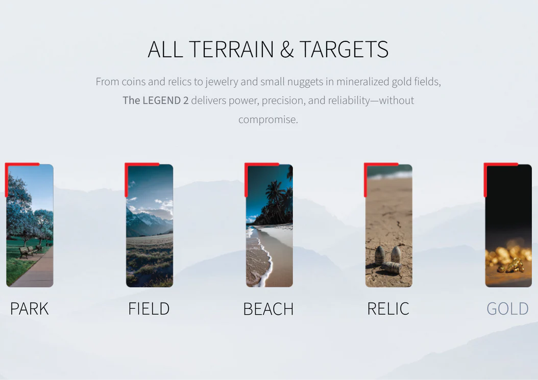 Nokta Legend 2 all terrain infographic showing park, field, beach, relic, and gold search modes