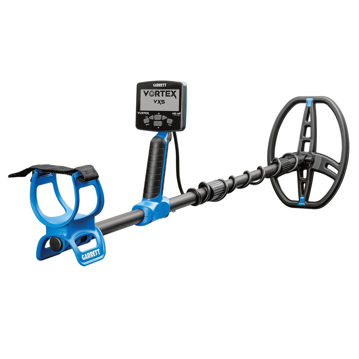 Garrett Vortex VX5 metal detector, angled product view, showing the blue armrest, control head display reading VORTEX VX5, collapsible shaft, and 8.5 x 11 in DD Raider search coil