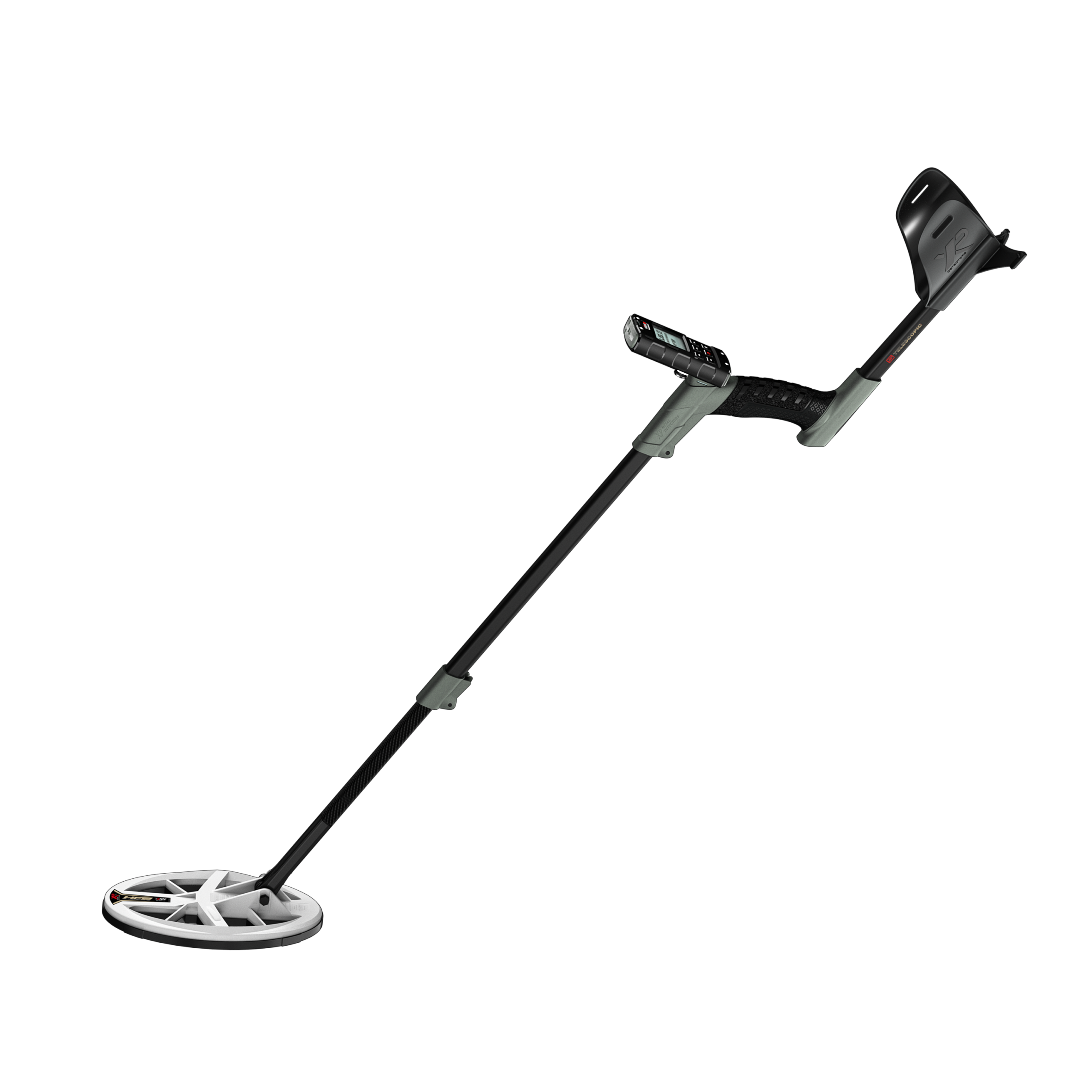 XP DEUS II Gold metal detector fully assembled, left side view, with HF2 elliptical search coil and telescopic S stem