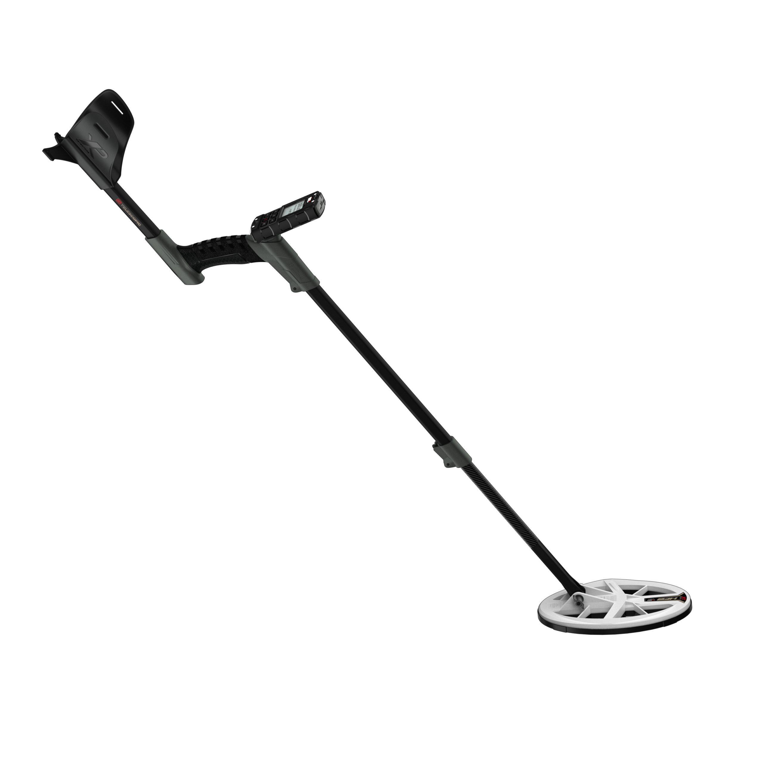 XP DEUS II Gold metal detector fully assembled, right side view, with HF2 elliptical search coil and telescopic S stem