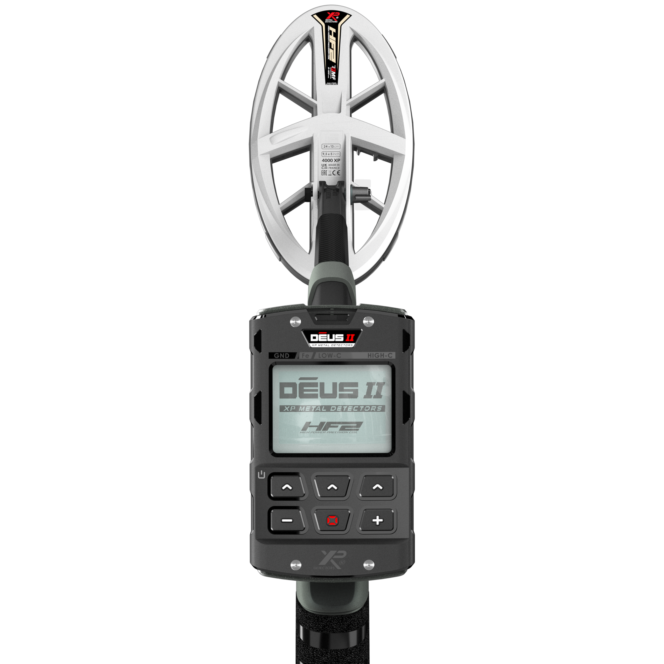 XP DEUS II remote control front view with HF2 elliptical search coil attached, showing DEUS II display and GND Fe LOW-C HIGH-C control buttons