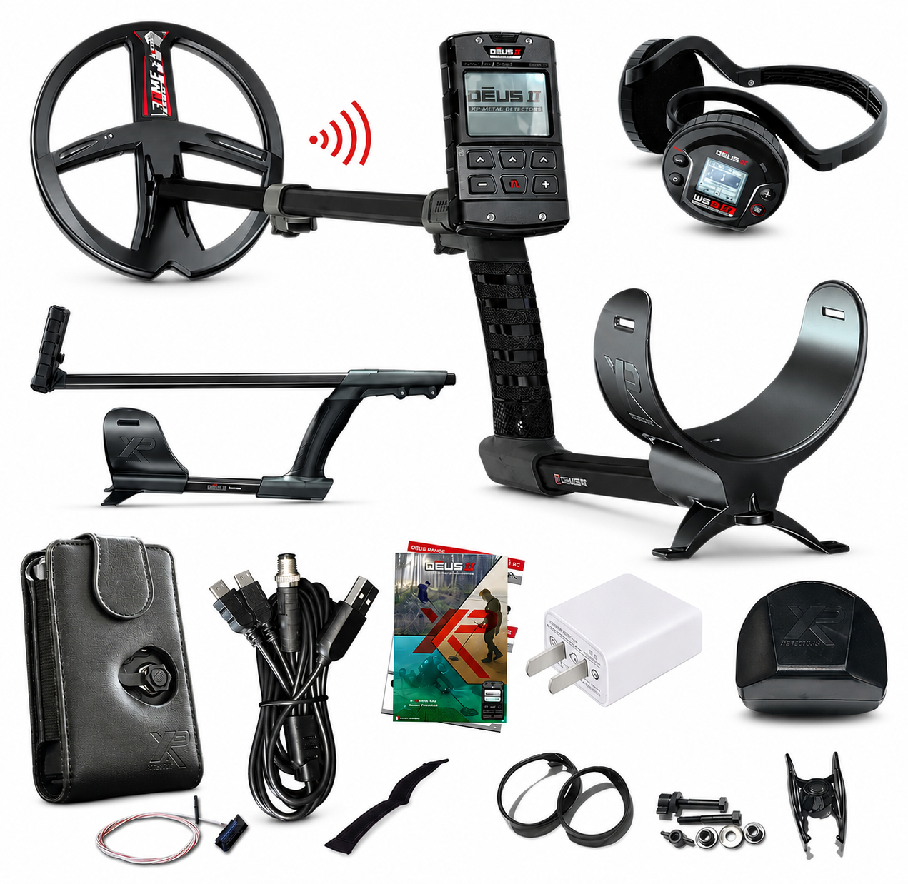 XP DEUS II package kit contents: FMF search coil, remote control, WS6 ST wireless headphones, telescopic S stem, carry case, charging cables, and manual