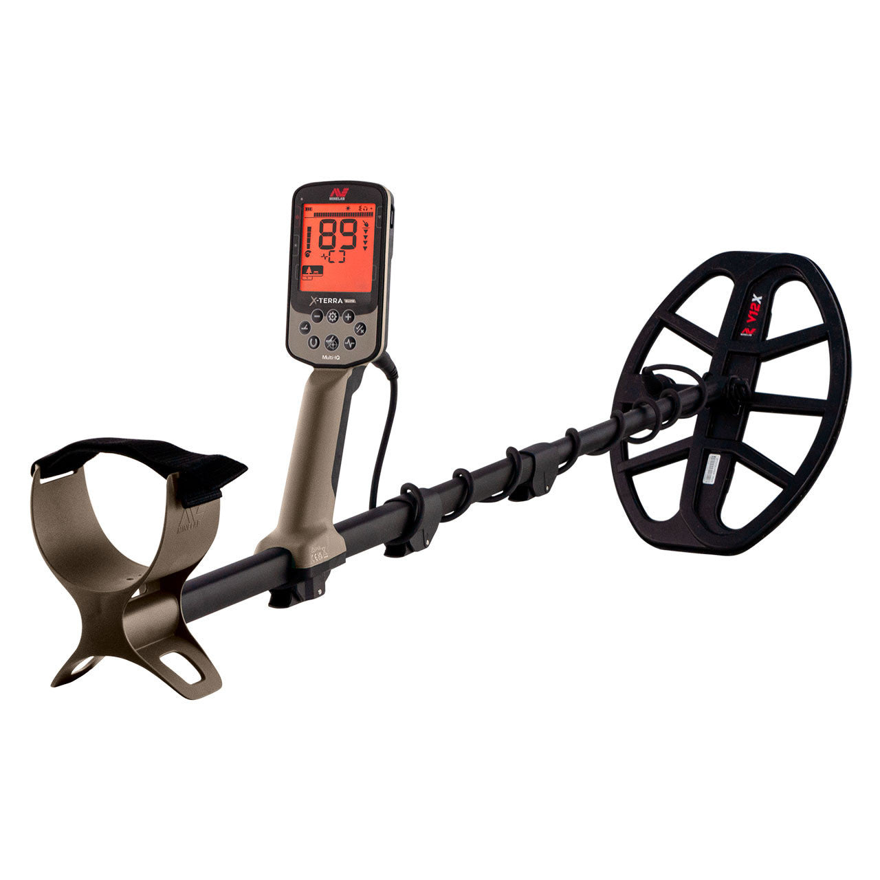 Minelab X-Terra Elite metal detector, angled product view, showing the tan control pod with X-Terra Elite display, armrest, collapsible shaft, and V12X Double-D search coil
