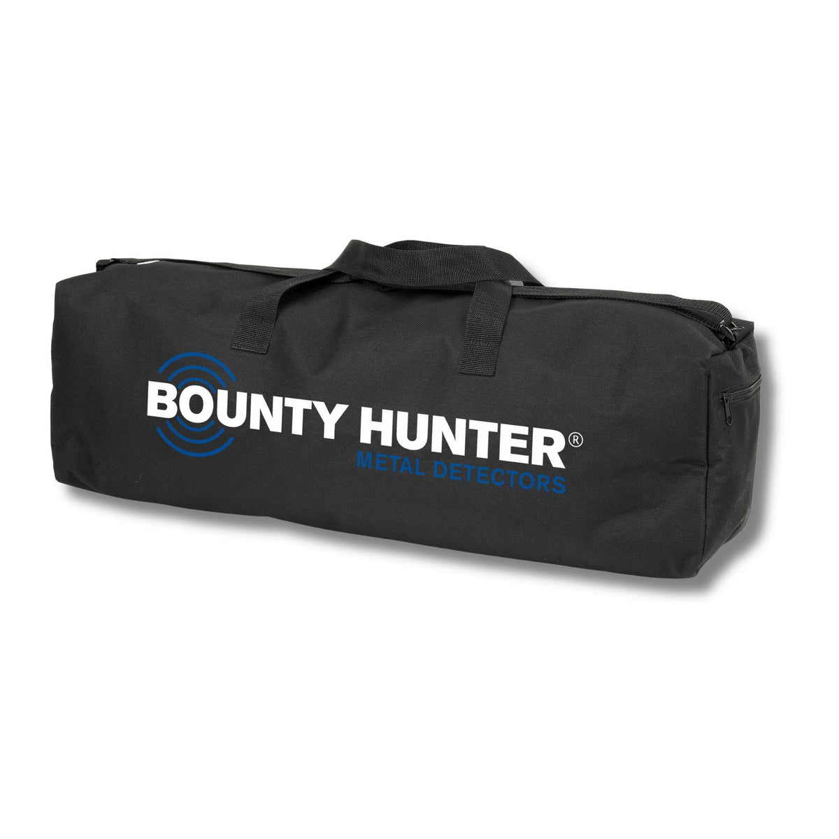 Bounty Hunter metal detector carry bag, black with Bounty Hunter logo, zipper and carrying handles