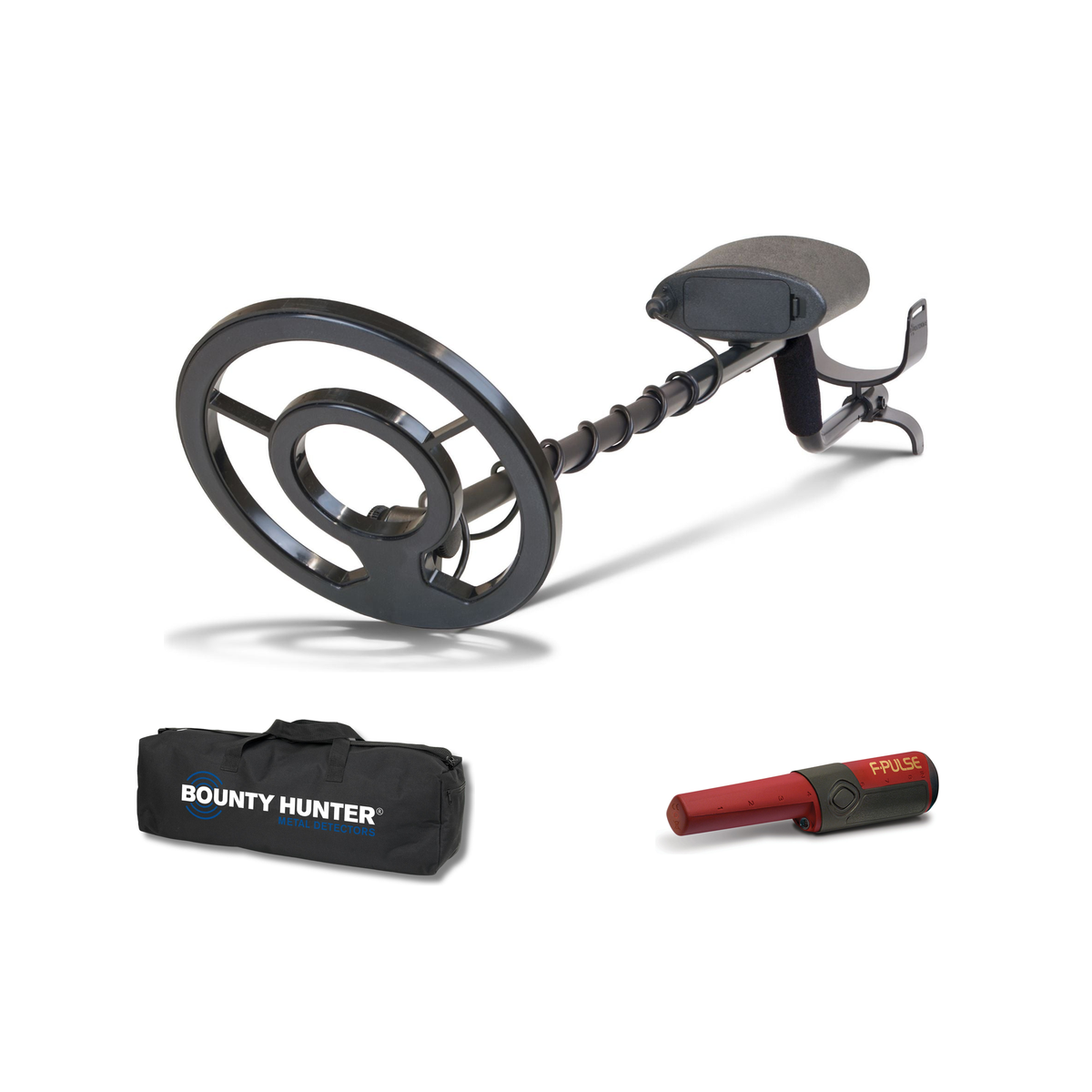 Bounty Hunter Tracker IV First Detector Kit contents on white: Tracker IV metal detector with 8 in search coil, Fisher F-Pulse pinpointer and Bounty Hunter carry bag