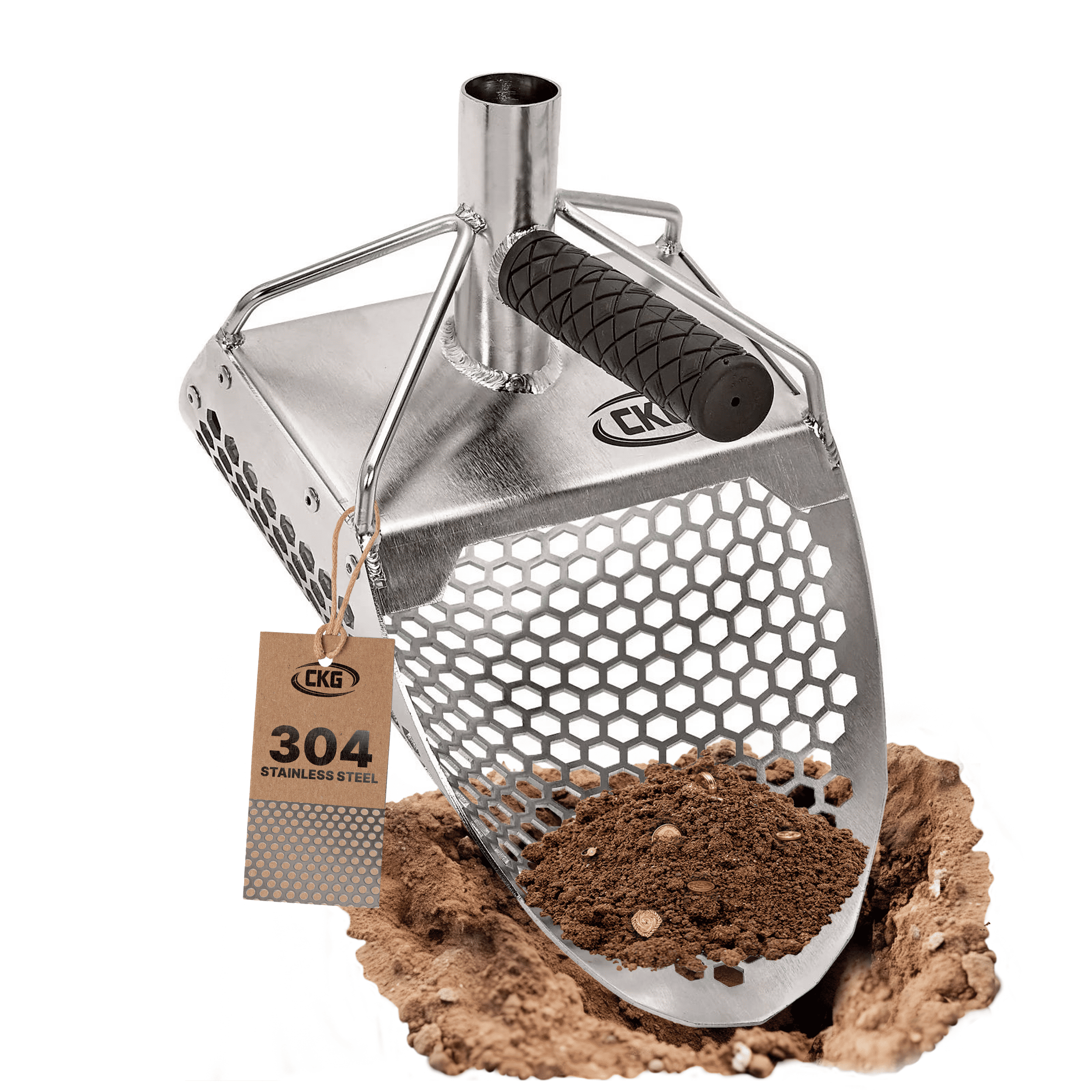 CKG 11x7 heavy duty stainless steel sand scoop with rubber assist grip and hexagon holes
