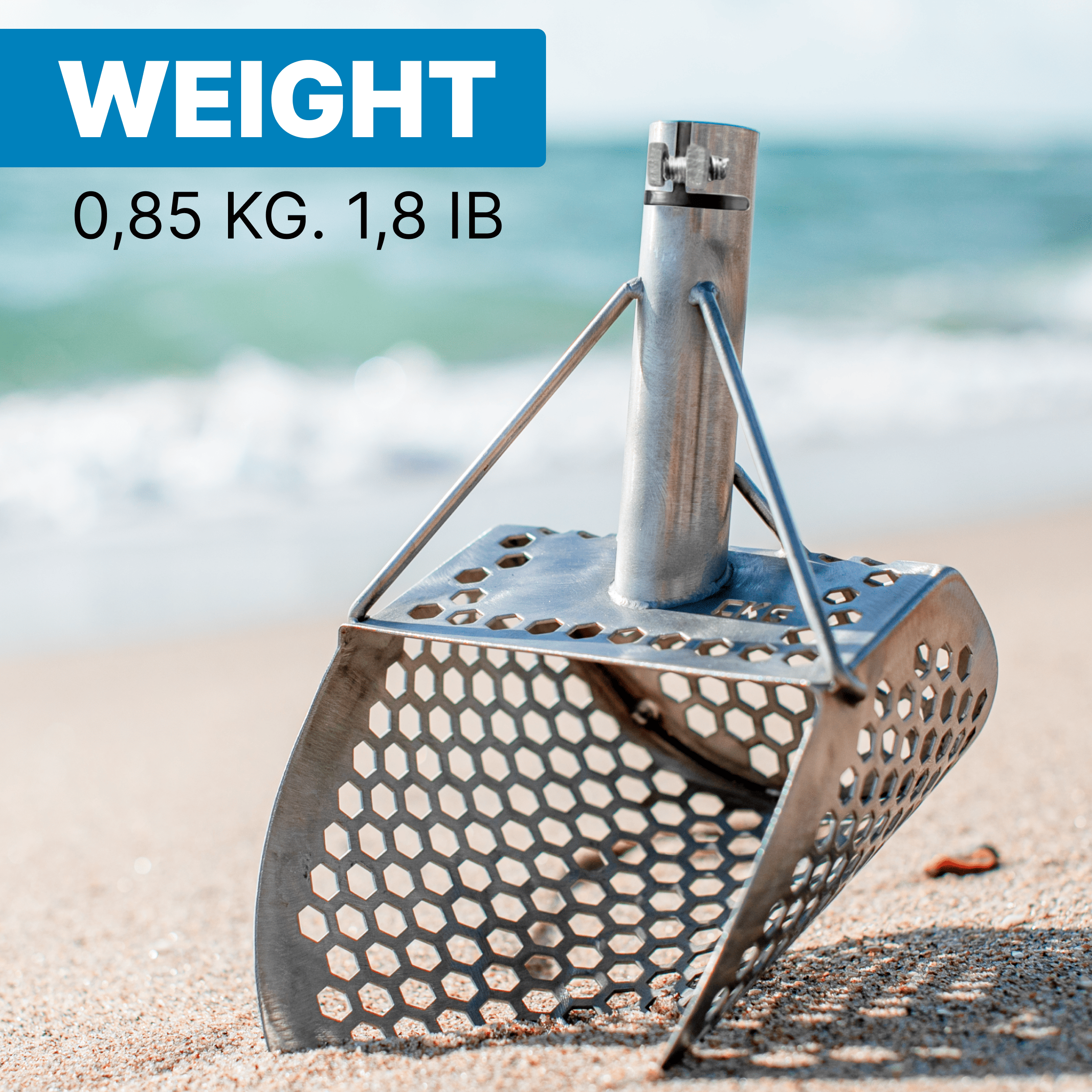 CKG 9x6 sand scoop dimensions: 9 in by 6.25 in basket, 4 in deep, 30.5 mm top hole, 2 mm steel