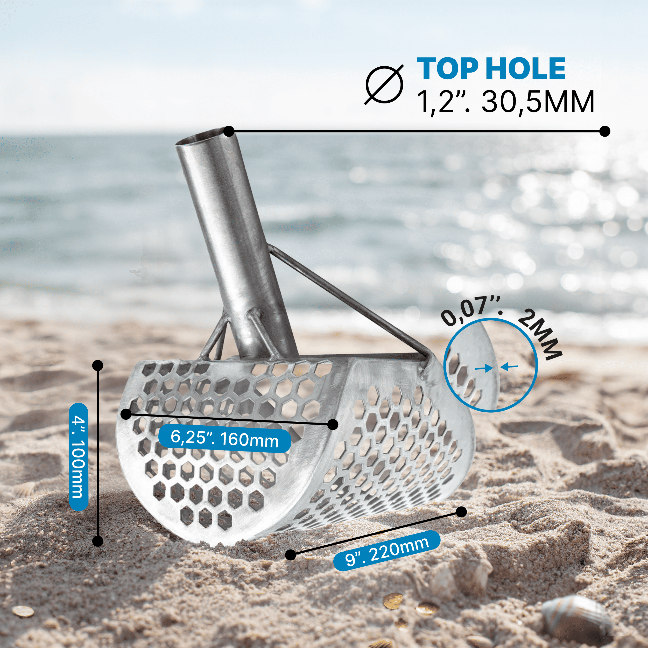 CKG 9x6 sand scoop feature callouts: bolt fixation, quick sand sifting, solid base, improved welding