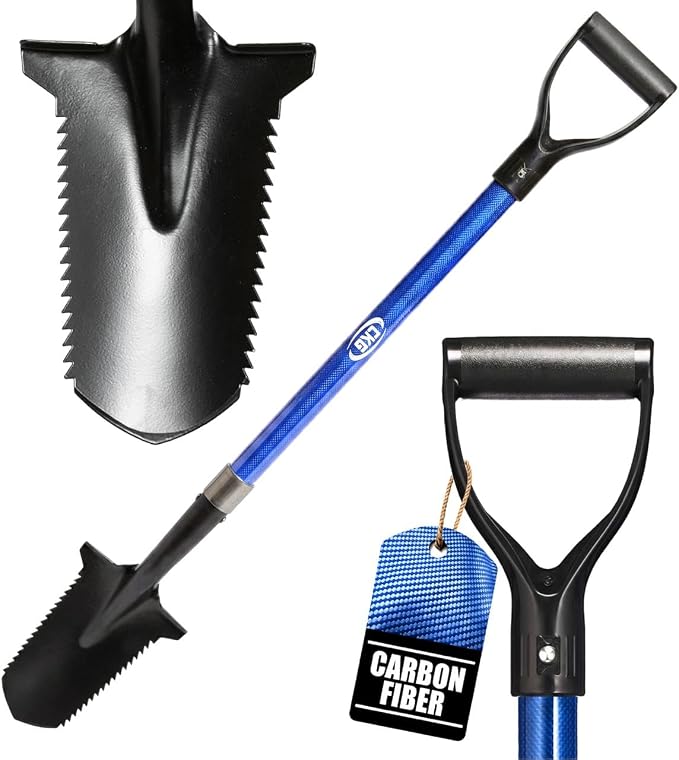 CKG carbon fiber shovel dimensions: 7.7 in blade, 39 in overall length, 4 in D-handle