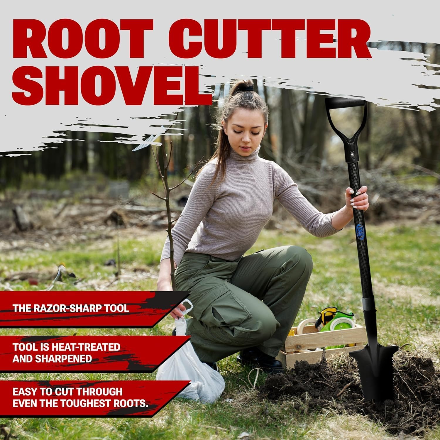 CKG root cutter shovel in use planting-side with heat-treated sharpened blade in soil
