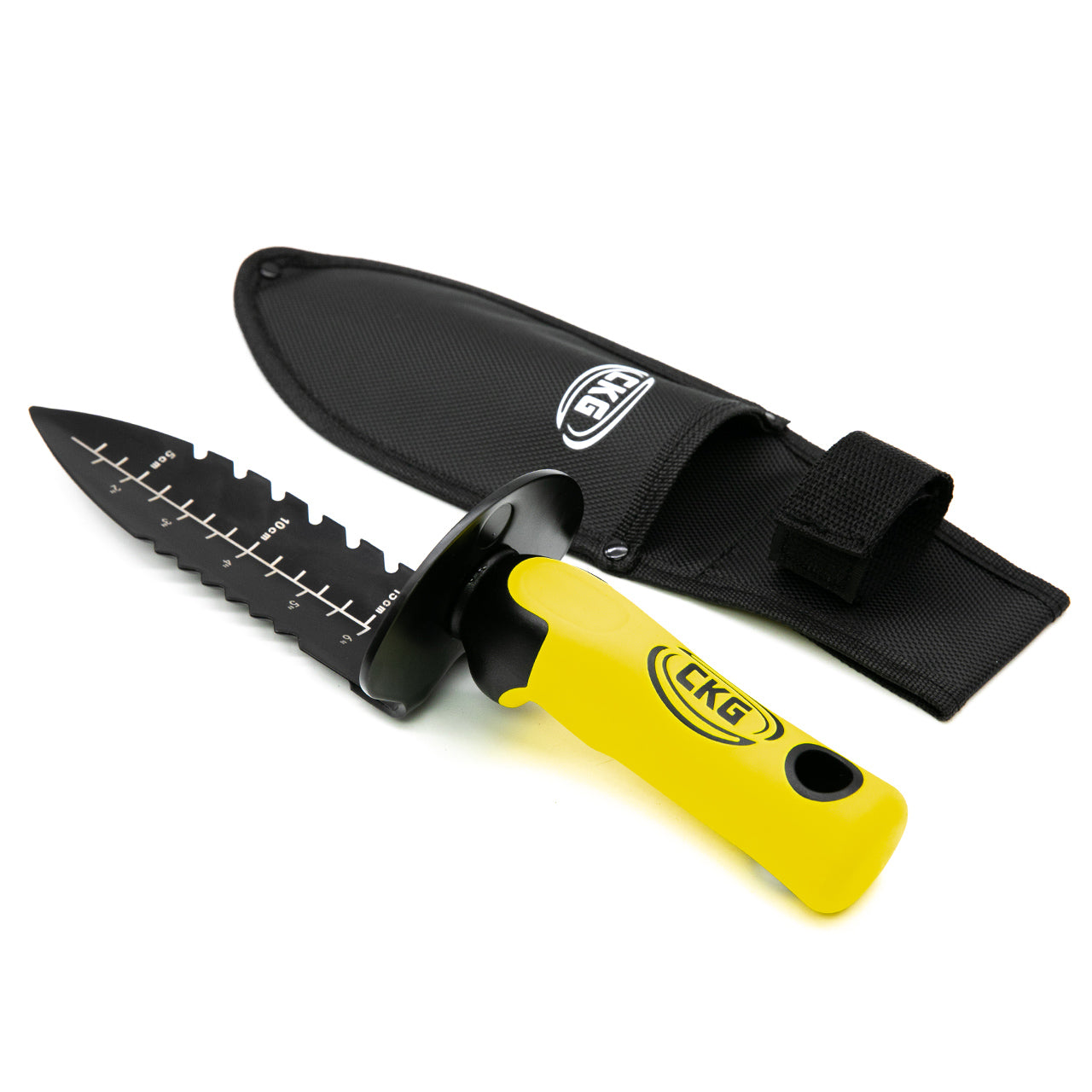 CKG digging tool beside the included belt-loop sheath
