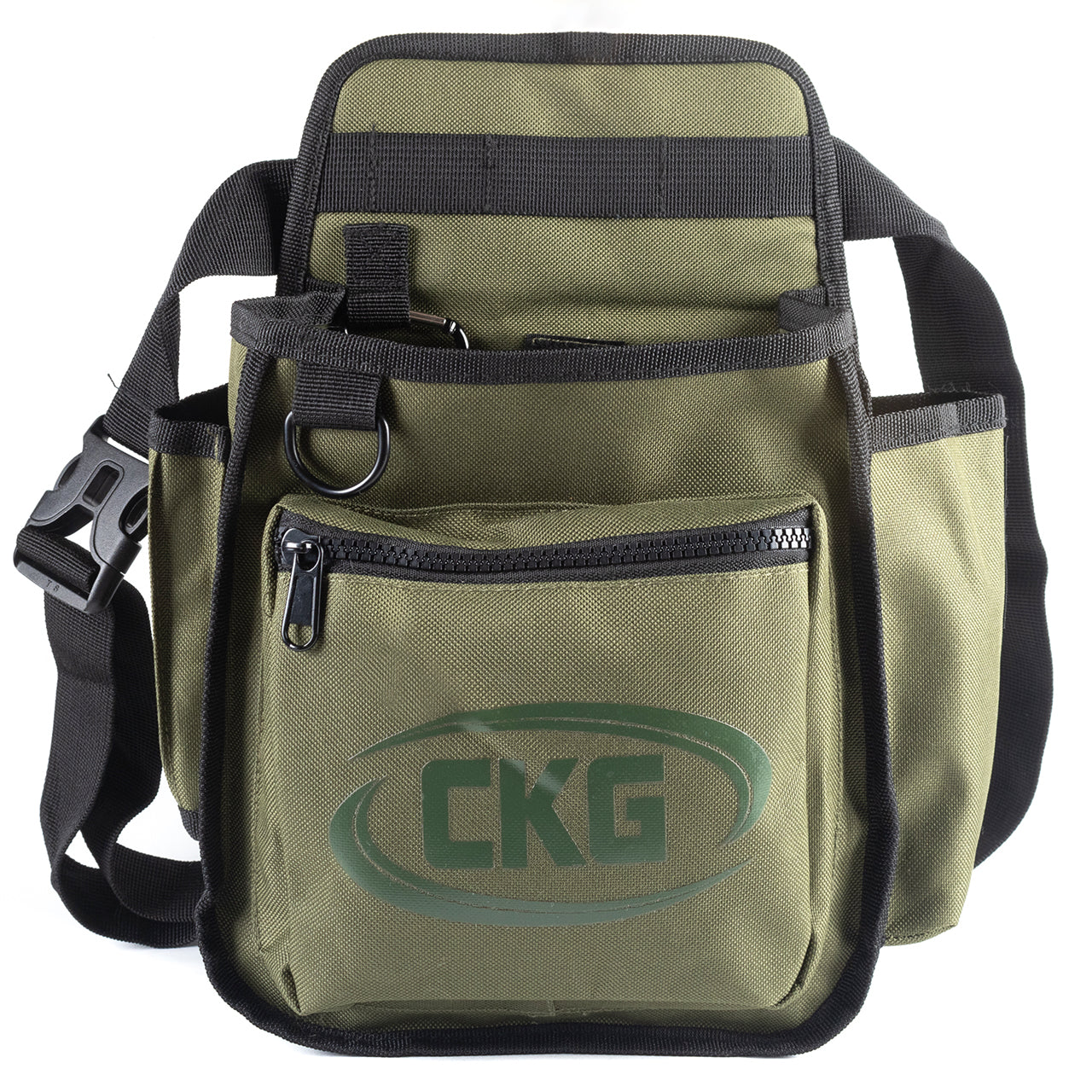 CKG green metal detecting pinpointer bag with front zip pocket and CKG logo