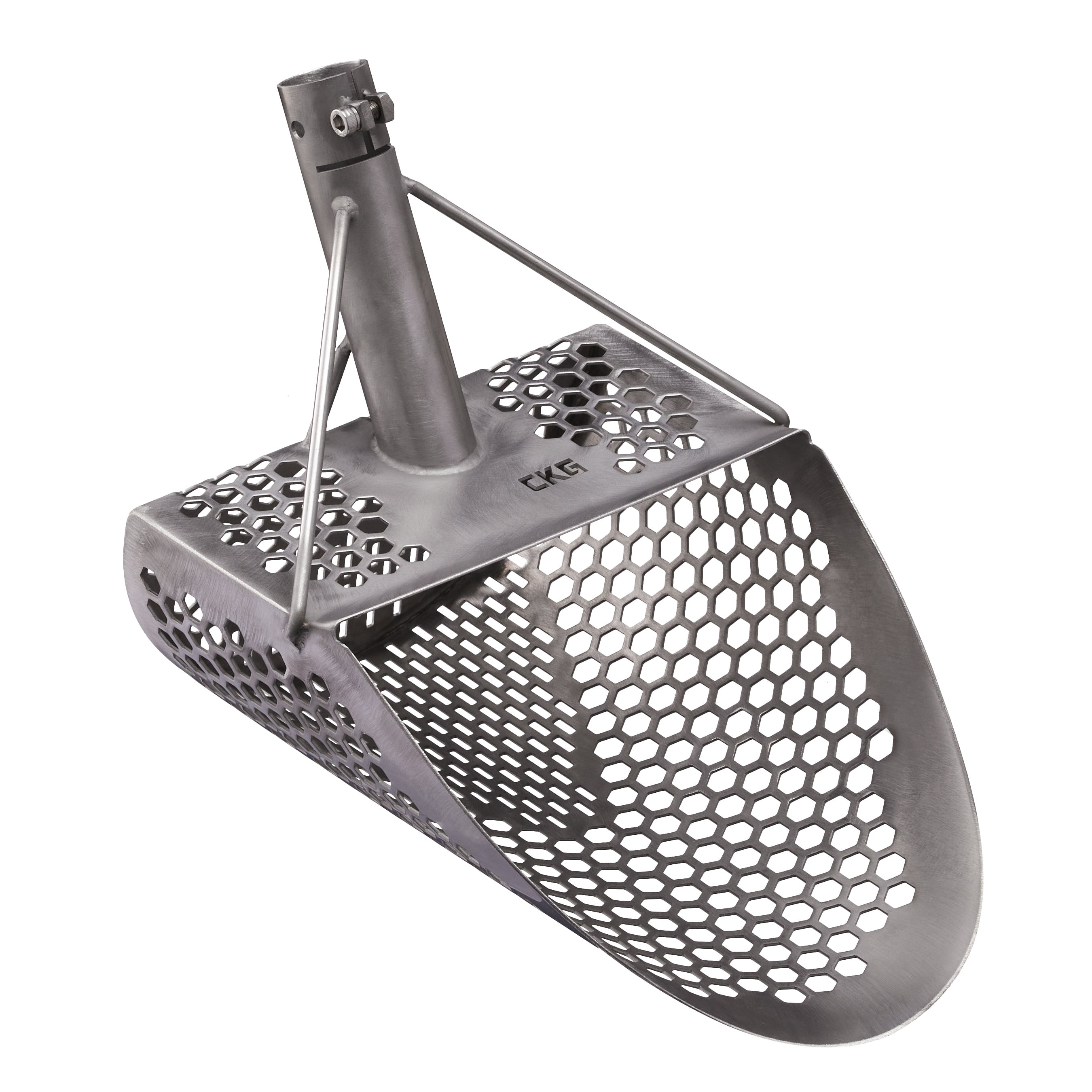 CKG Pro 11x9 stainless steel sand scoop with hexagon sifting holes, angled view