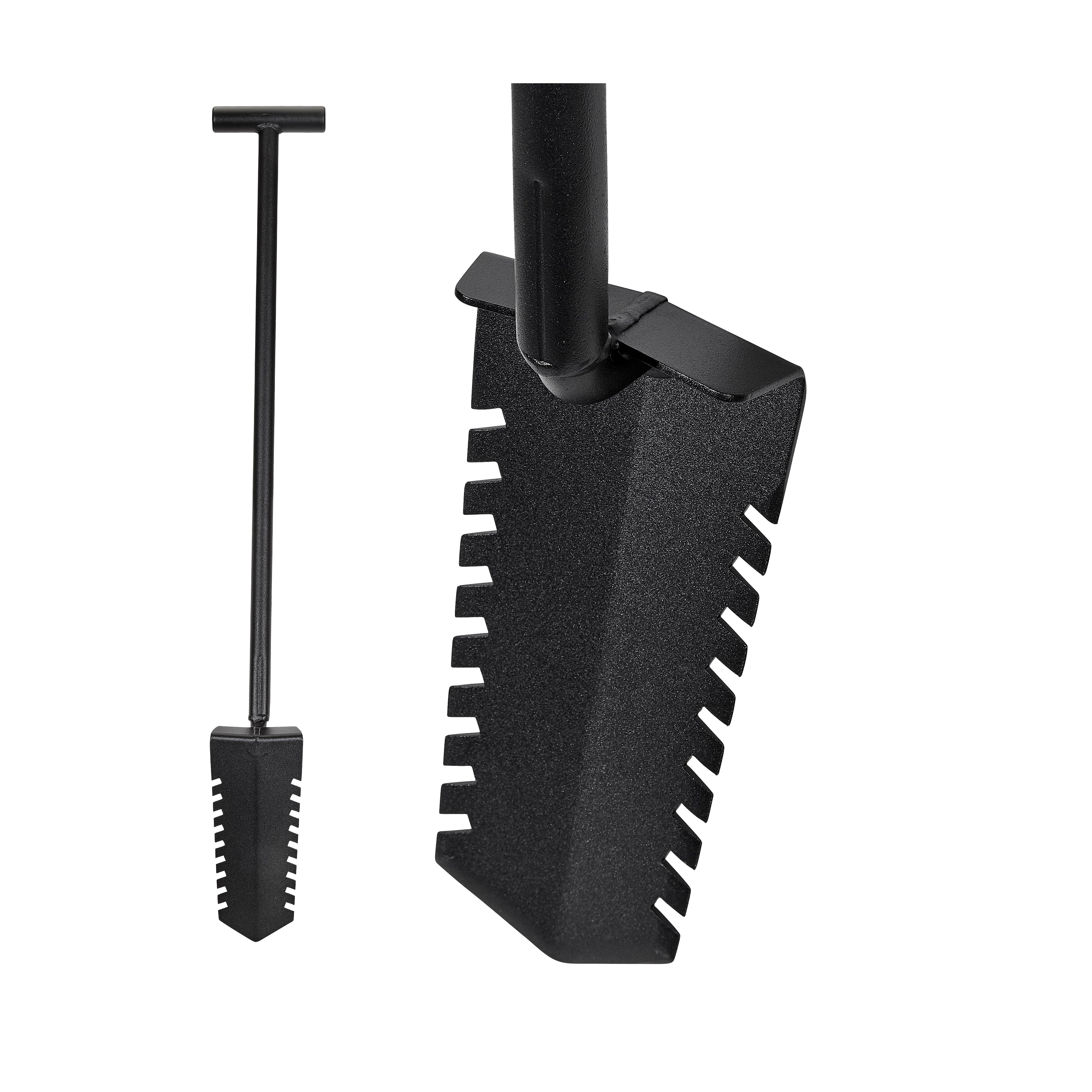 Close view of the CKG T-handle shovel serrated tempered steel blade and welded shaft joint