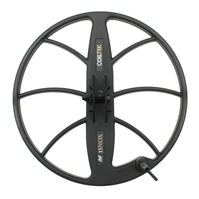 Coiltek 15 inch NOX round Double-D search coil for the Minelab Equinox and X-Terra, black open-web design