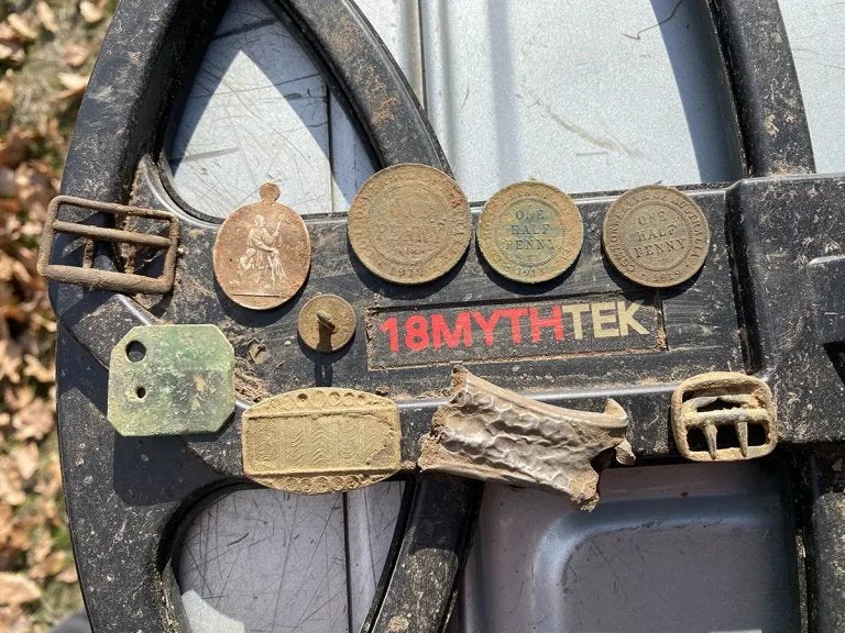 Coins, buckles and relics recovered with the Coiltek 18 inch Mythtek coil on a Minelab Manticore