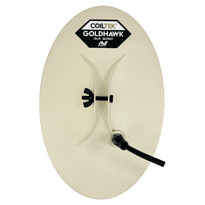 Coiltek 14x9 inch Gold Hawk elliptical mono search coil for the Minelab GPX 6000, cream-colored coil with Minelab Approved mark