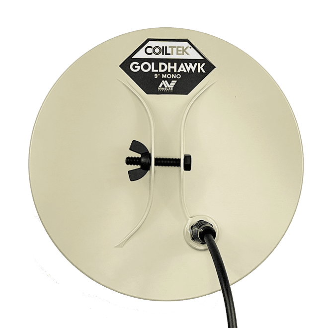 Coiltek 9 inch Gold Hawk round mono search coil for the Minelab GPX 6000, cream-colored coil with Minelab Approved mark