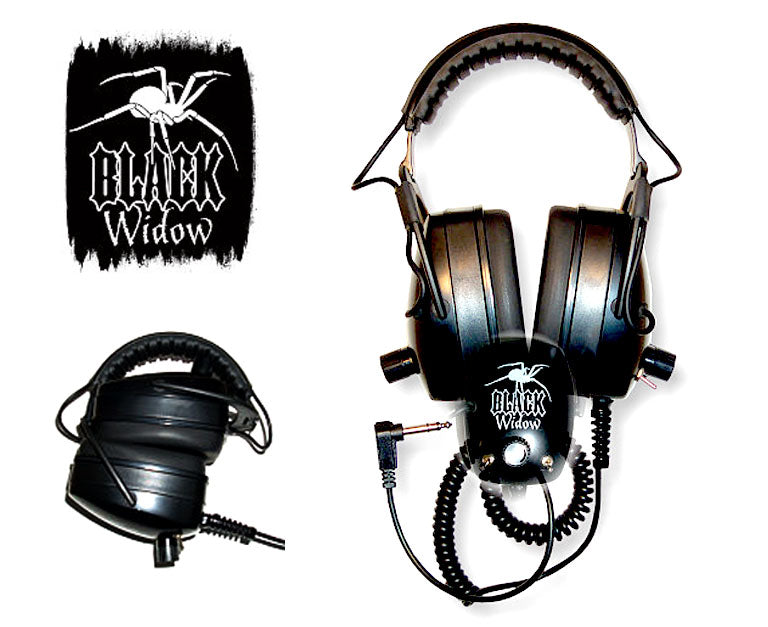 DetectorPro Black Widow metal detector headphones with extended muffs, dual volume knobs and coiled cable, folded view inset