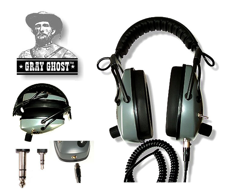 Gray Ghost NDT metal detector headphones with dual volume knobs, detachable locking cord and plug options, folded view inset