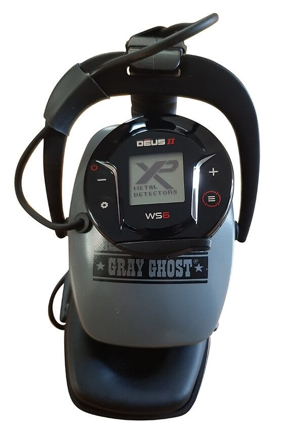Gray Ghost XP headphones with an XP Deus II WS6 wireless module docked in the ear cup