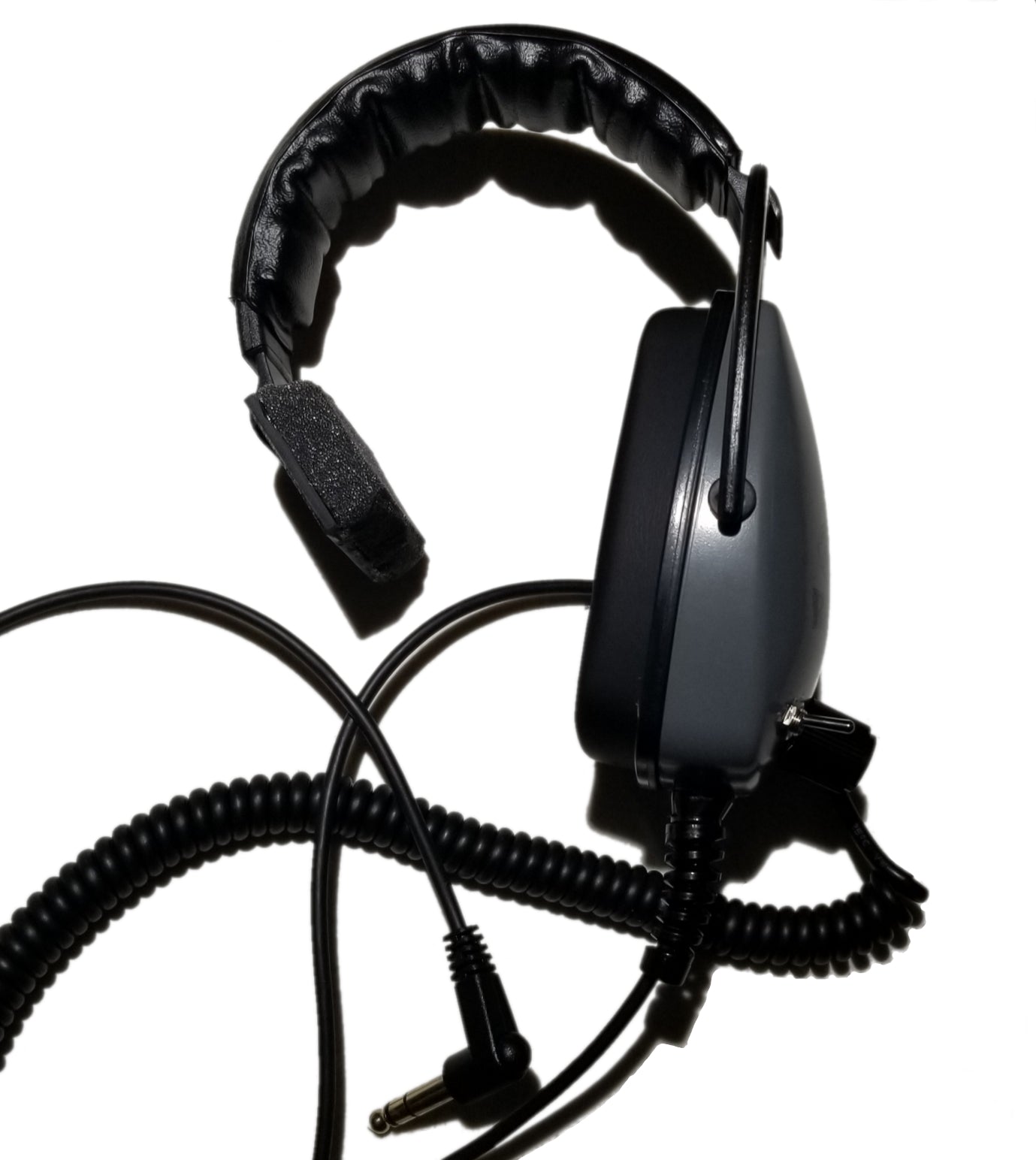 DetectorPro Rattler one-sided metal detector headphone with single sealed earcup, open-ear headband and coiled 1/4 in cable