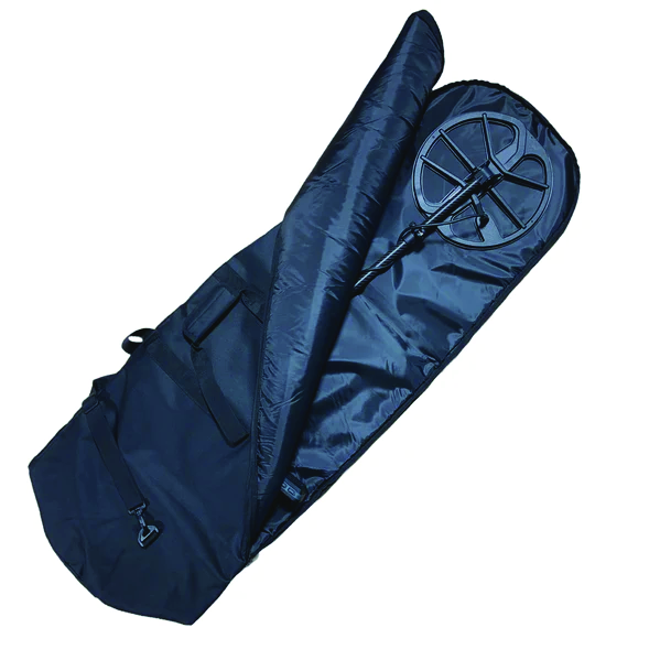 DragonXT 53 inch padded metal detector travel bag open with a fully assembled detector and search coil inside