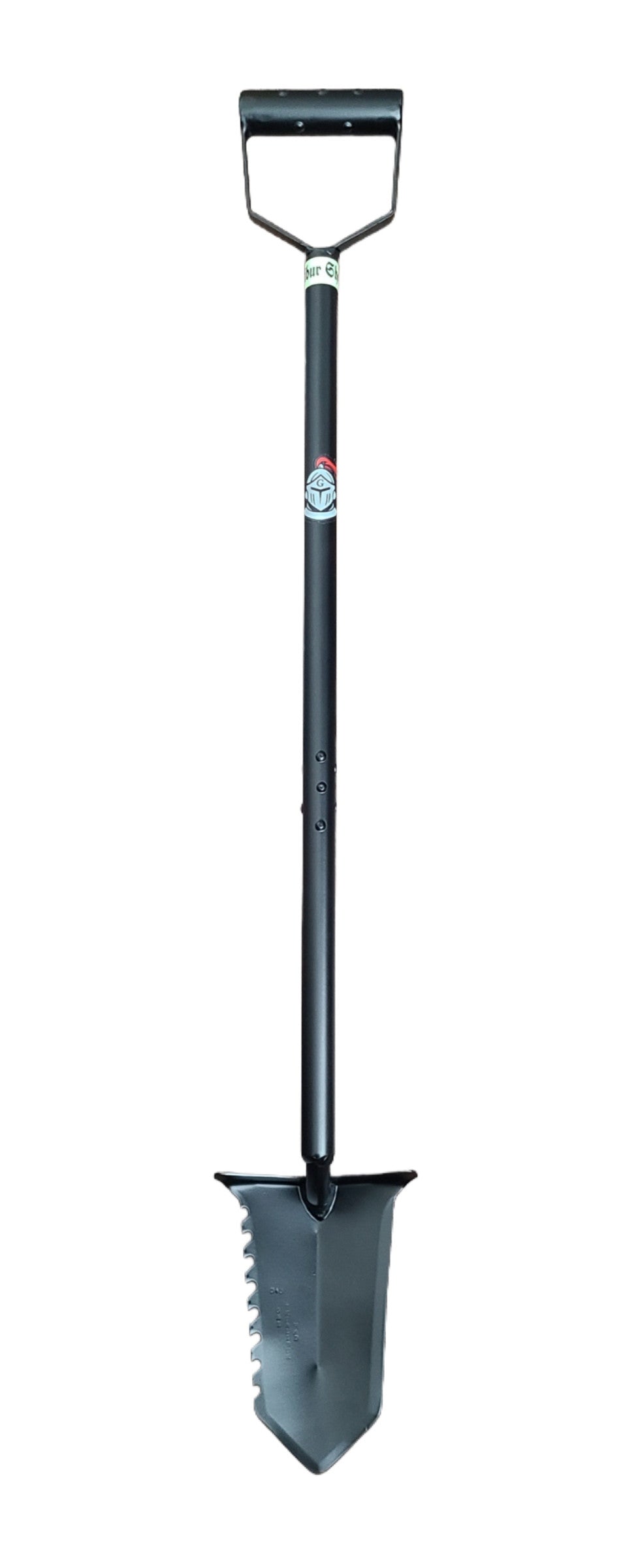 Excalibur Galahad D-Handle 40 in / 101.6 cm metal detecting shovel, single serrated edge cut opposite the Lancelot, other edge smooth