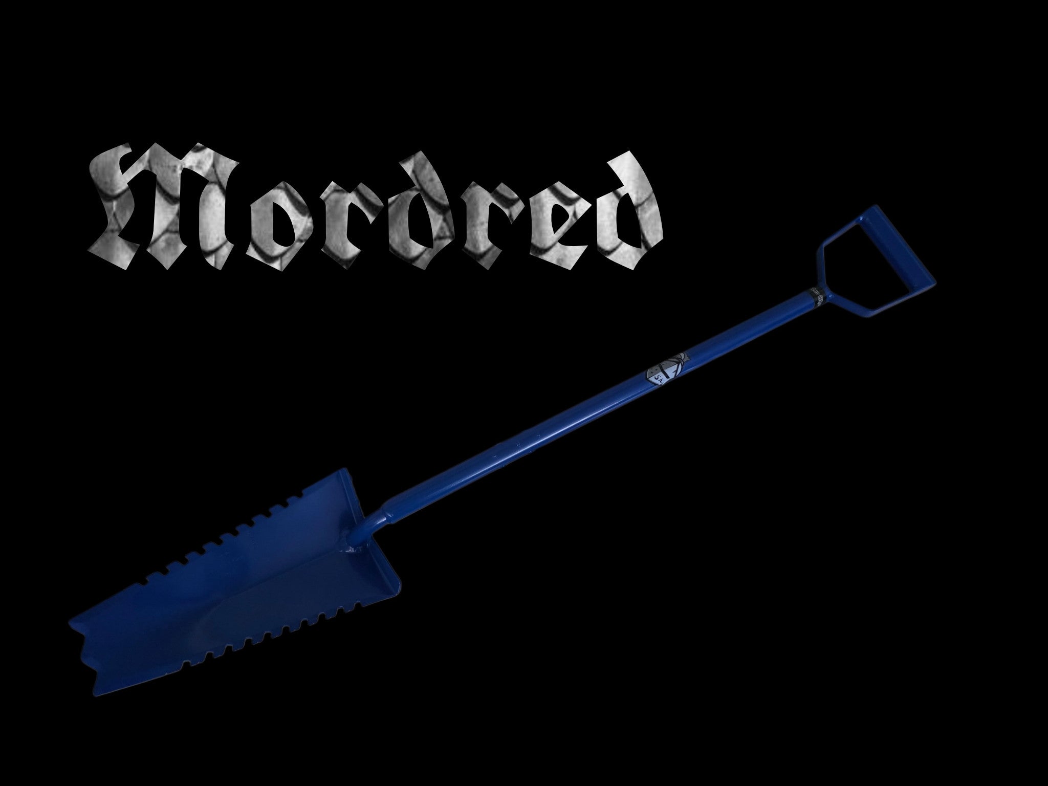 Excalibur Mordred metal detecting shovel, 11 in / 28 cm by 7 in / 18 cm wide-long blade, both edges serrated
