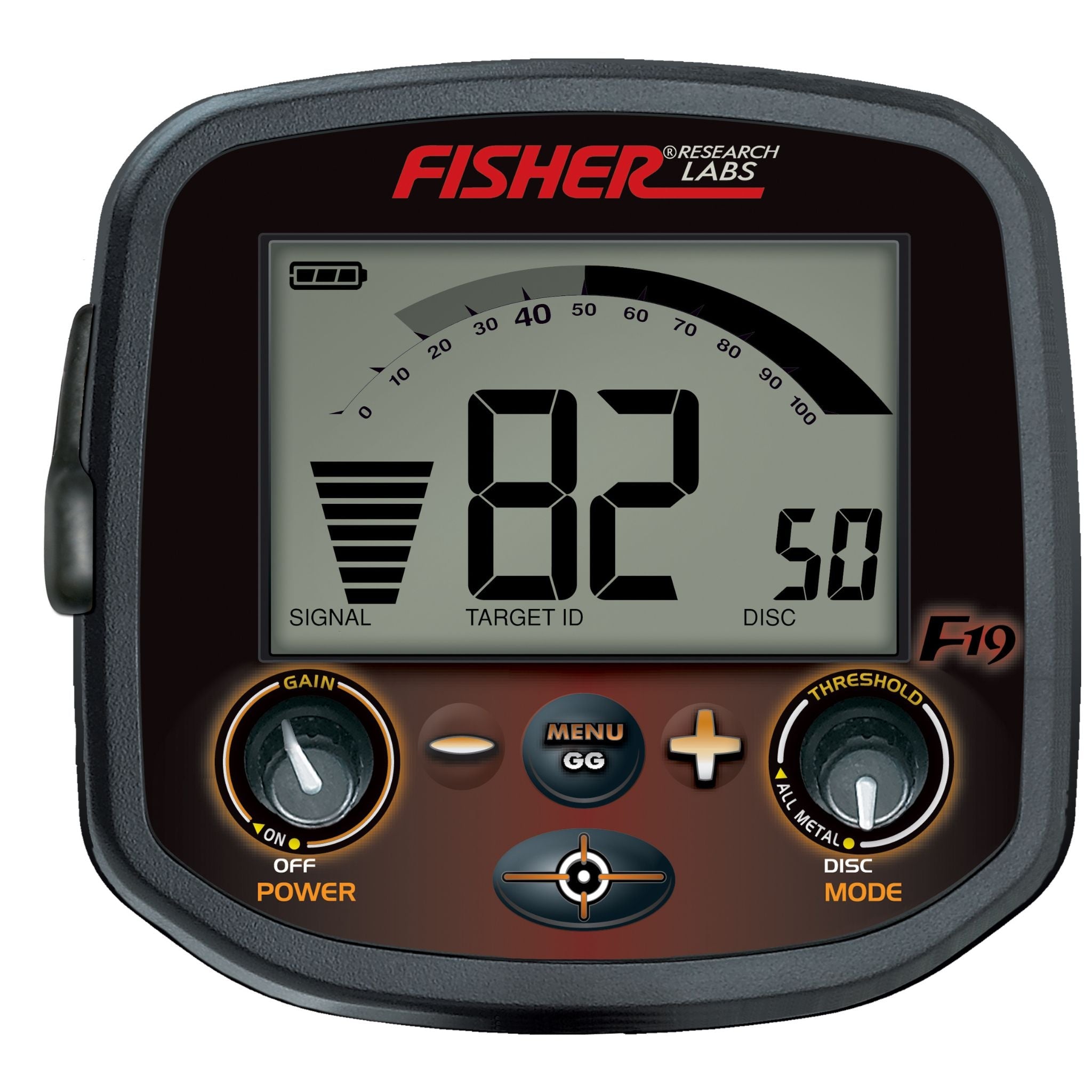 Fisher F19 control panel close up showing two digit target ID display and discrimination controls