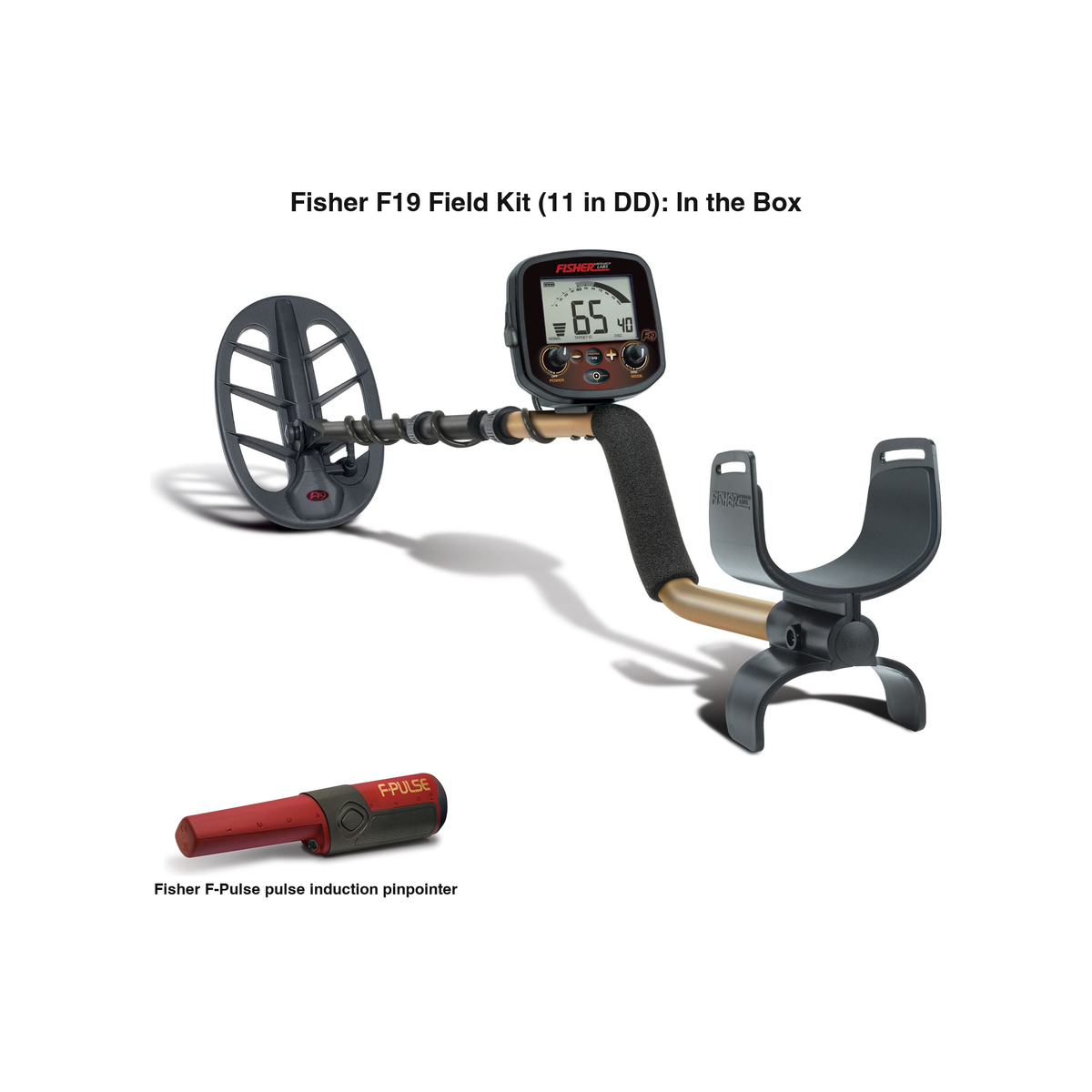 Labeled contents of the Fisher F19 Field Kit: F19 with 11 in DD coil and the Fisher F-Pulse pulse induction pinpointer