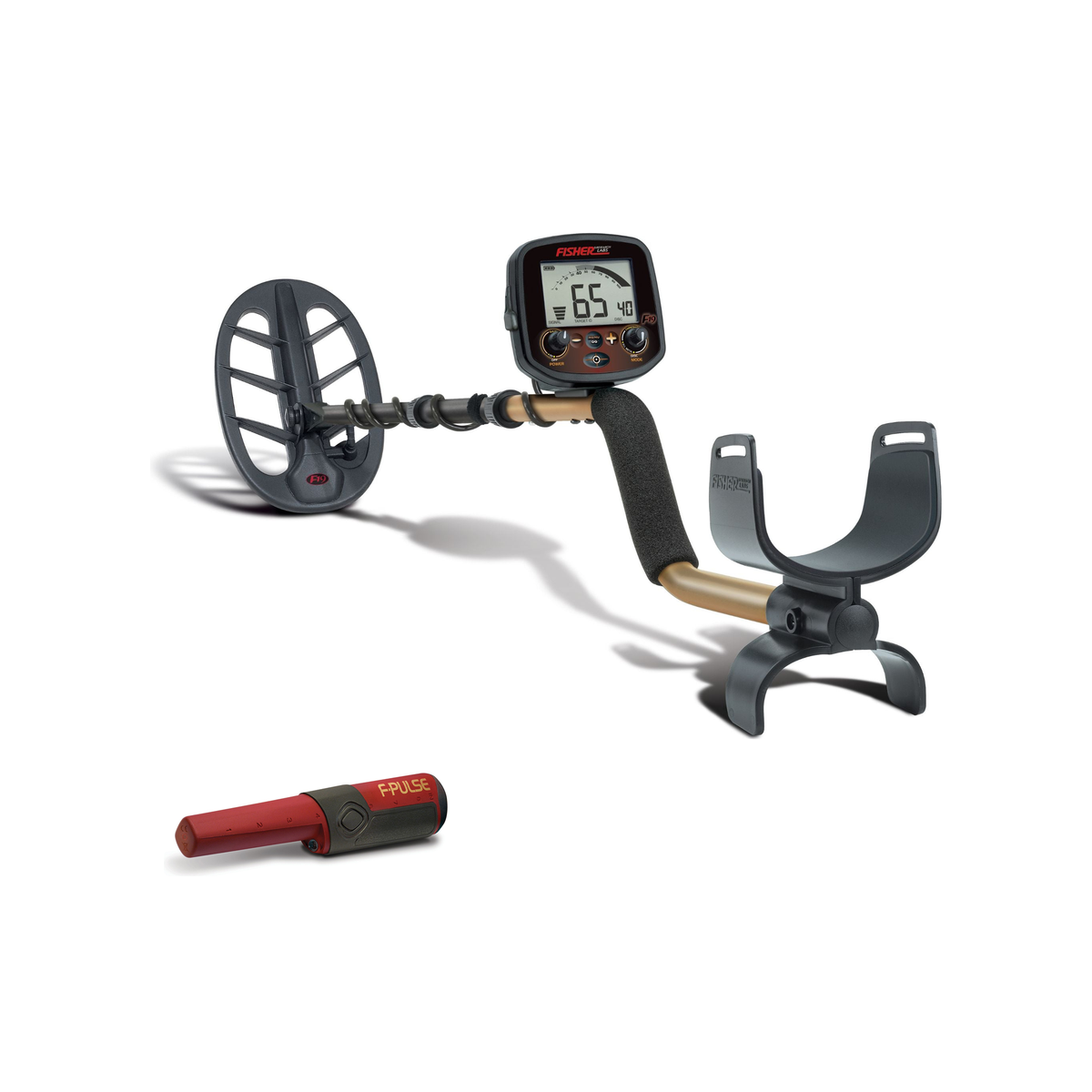 Fisher F19 Field Kit contents on white: F19 metal detector with 11 in DD search coil and Fisher F-Pulse pinpointer
